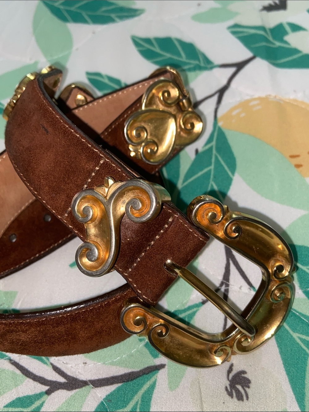 Vintage 90s Brighton TWEED HEARTS Brown Leather Link Belt Gold Ornate
